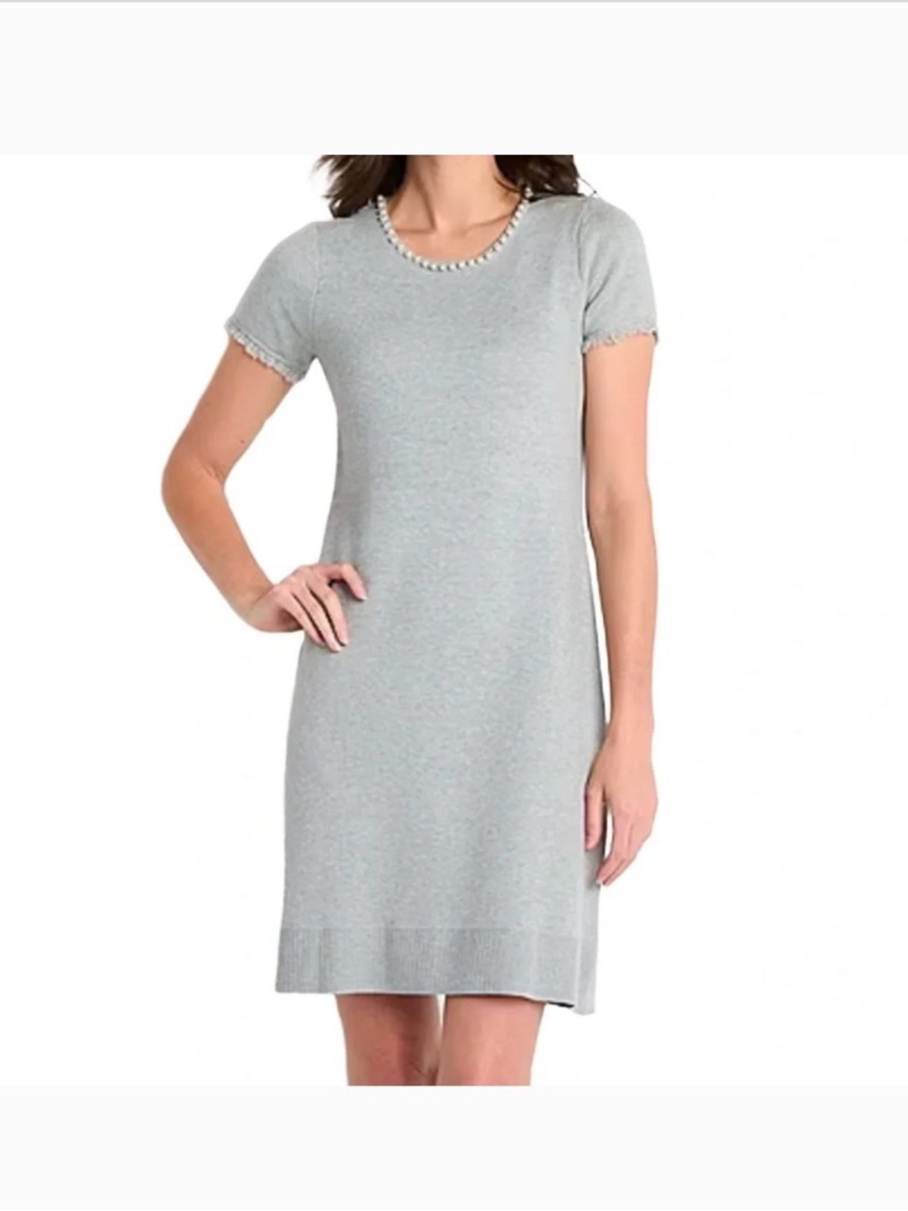 Sandra Darren Light Gray Crewneck Sweater with Pearl Trim